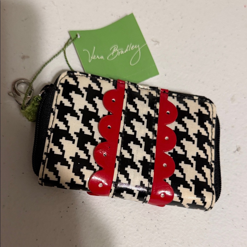 Vera Bradley Black & White Houndstooth Wallet with Red Scalloped Trim